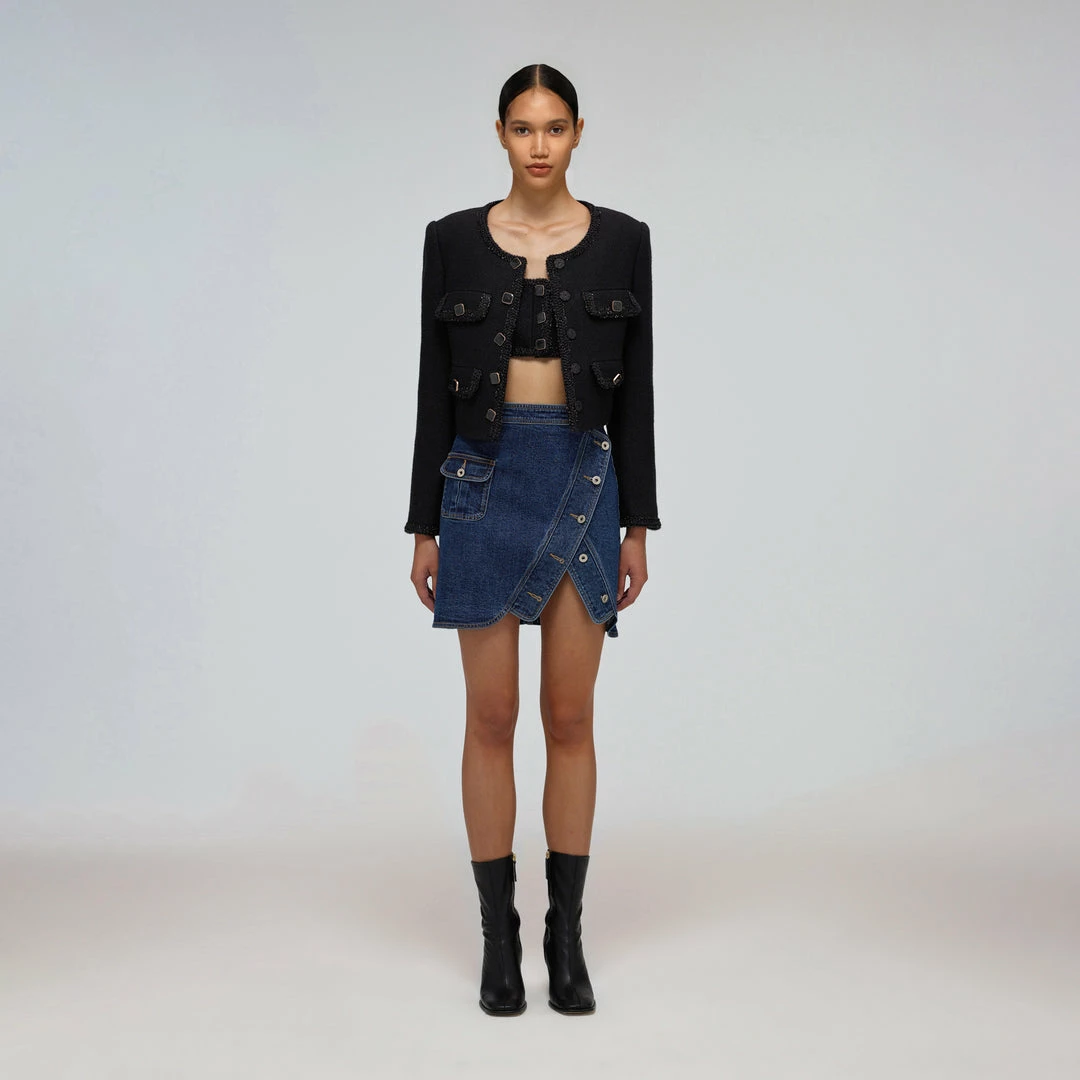 Self-portrait Black Textured Weave Cropped Jacket READY TO WEAR