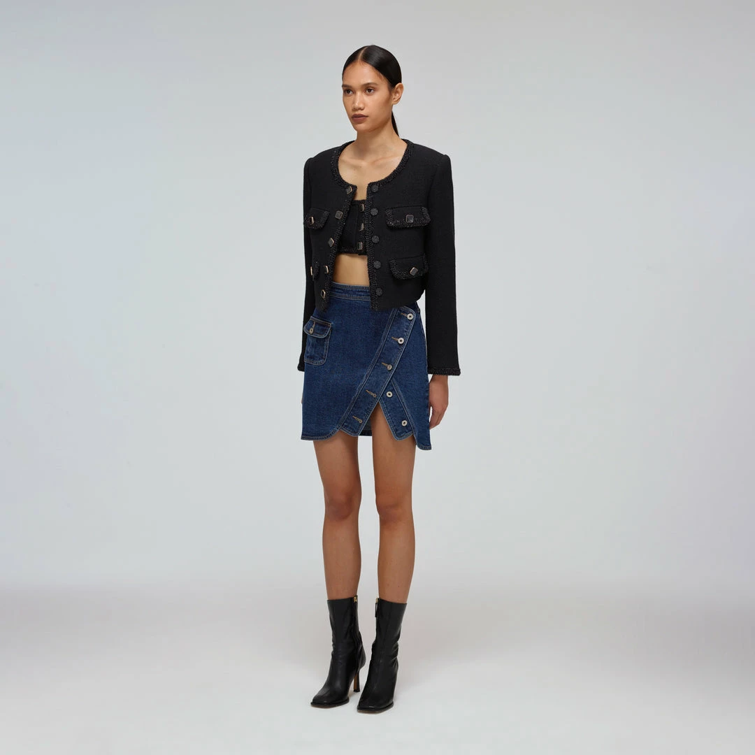 Self-portrait Black Textured Weave Cropped Jacket READY TO WEAR