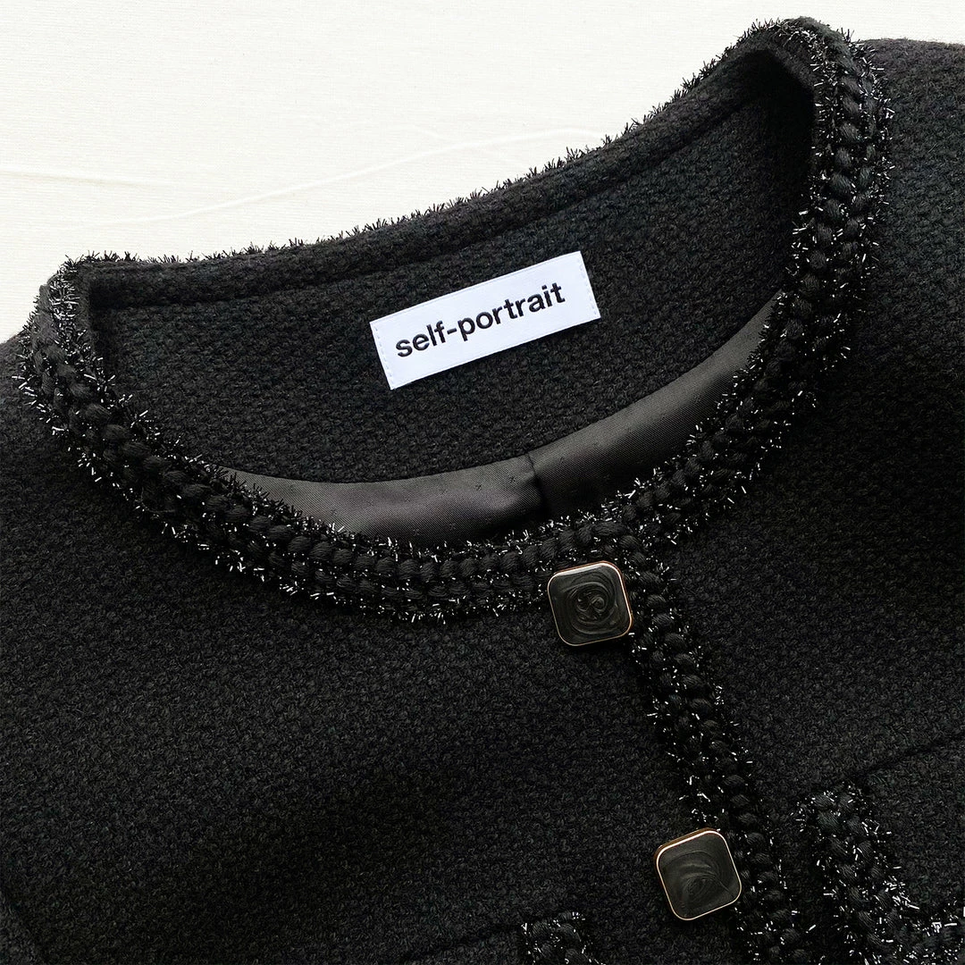 Self-portrait Black Textured Weave Cropped Jacket READY TO WEAR