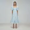 Self-portrait Blue Floral Watercolour Taffeta Midi Dress READY TO WEAR
