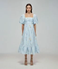 Self-portrait Blue Floral Watercolour Taffeta Midi Dress READY TO WEAR