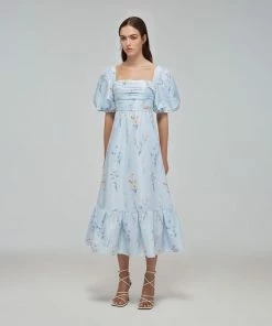 Self-portrait Blue Floral Watercolour Taffeta Midi Dress READY TO WEAR