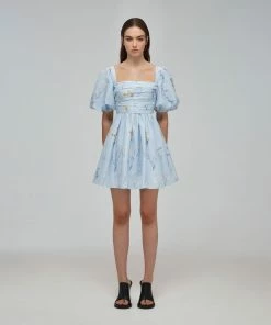 Self-portrait Blue Floral Watercolour Taffeta Mini Dress READY TO WEAR