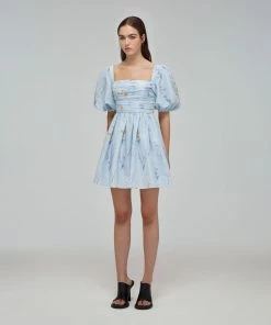 Self-portrait Blue Floral Watercolour Taffeta Mini Dress READY TO WEAR