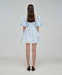 Self-portrait Blue Floral Watercolour Taffeta Mini Dress READY TO WEAR