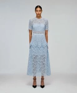 Self-portrait Blue Abstract Guipure Midi Dress