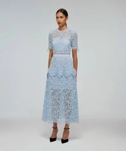 Self-portrait Blue Abstract Guipure Midi Dress