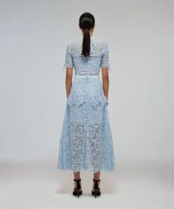 Self-portrait Blue Abstract Guipure Midi Dress