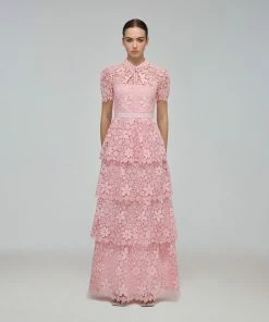 Self-portrait Pink Tiered Guipure Lace Maxi Dress