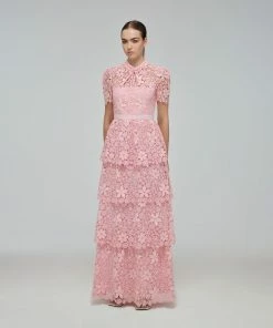 Self-portrait Pink Tiered Guipure Lace Maxi Dress