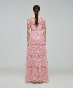 Self-portrait Pink Tiered Guipure Lace Maxi Dress