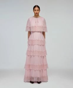 Self-portrait READY TO WEAR Pink Tiered Chiffon Cape Maxi Dress
