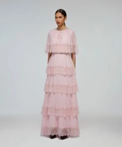 Self-portrait READY TO WEAR Pink Tiered Chiffon Cape Maxi Dress
