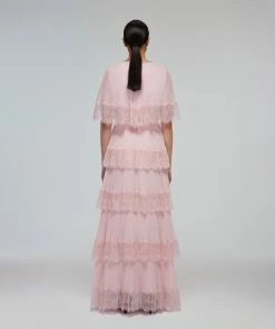 Self-portrait READY TO WEAR Pink Tiered Chiffon Cape Maxi Dress