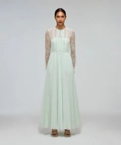 Self-portrait Mint Chiffon & Fine Lace Maxi Dress READY TO WEAR