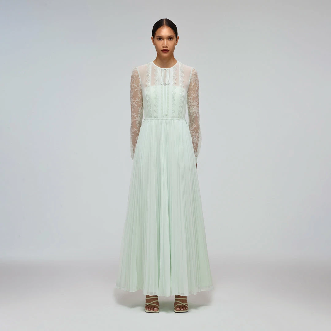 Self-portrait Mint Chiffon & Fine Lace Maxi Dress READY TO WEAR