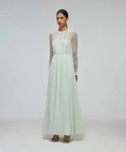 Self-portrait Mint Chiffon & Fine Lace Maxi Dress READY TO WEAR