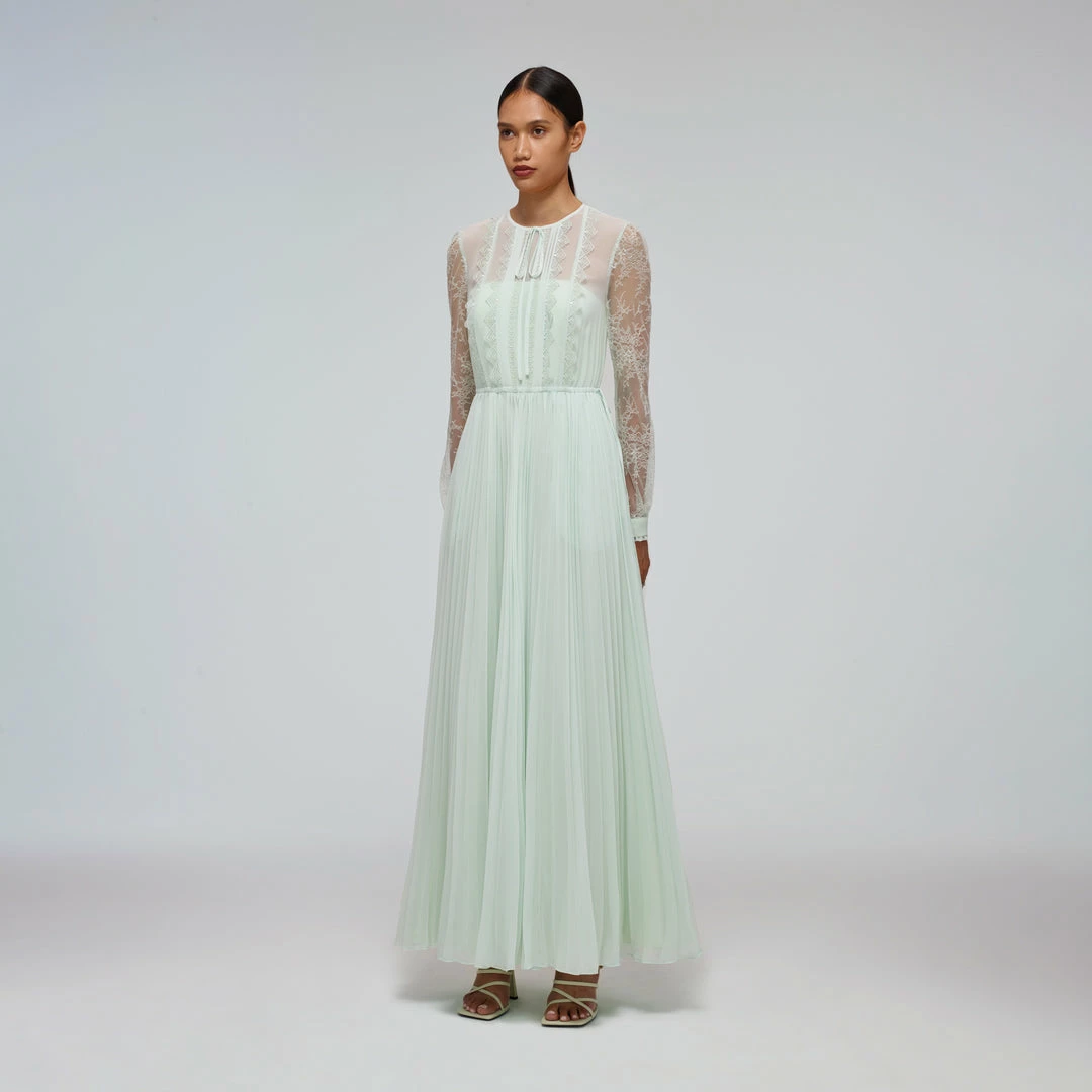 Self-portrait Mint Chiffon & Fine Lace Maxi Dress READY TO WEAR