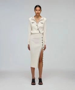 Self-portrait Ivory Contrast Stitch Ribbed Knit Dress READY TO WEAR