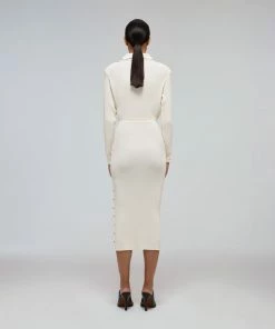 Self-portrait Ivory Contrast Stitch Ribbed Knit Dress READY TO WEAR