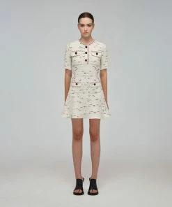 Self-portrait Ivory Tape Yarn Stripe Knit Dress READY TO WEAR