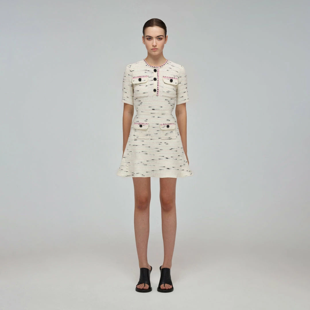 Self-portrait Ivory Tape Yarn Stripe Knit Dress READY TO WEAR