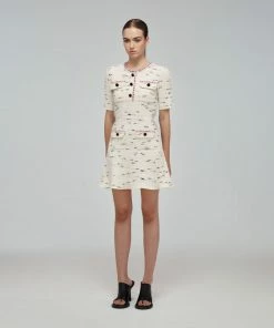 Self-portrait Ivory Tape Yarn Stripe Knit Dress READY TO WEAR