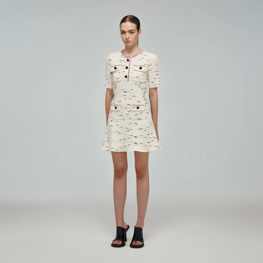 Self-portrait Ivory Tape Yarn Stripe Knit Dress READY TO WEAR