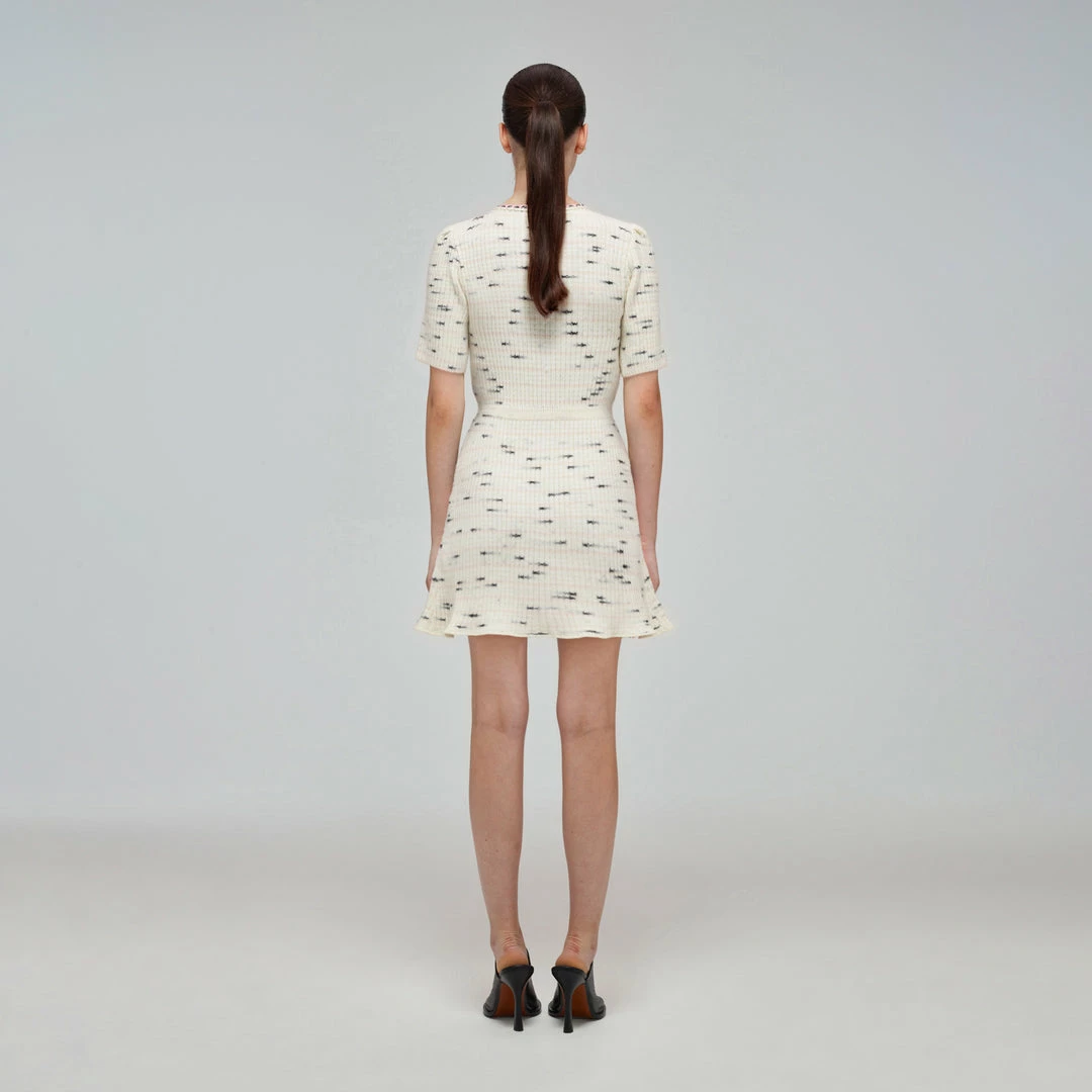 Self-portrait Ivory Tape Yarn Stripe Knit Dress READY TO WEAR