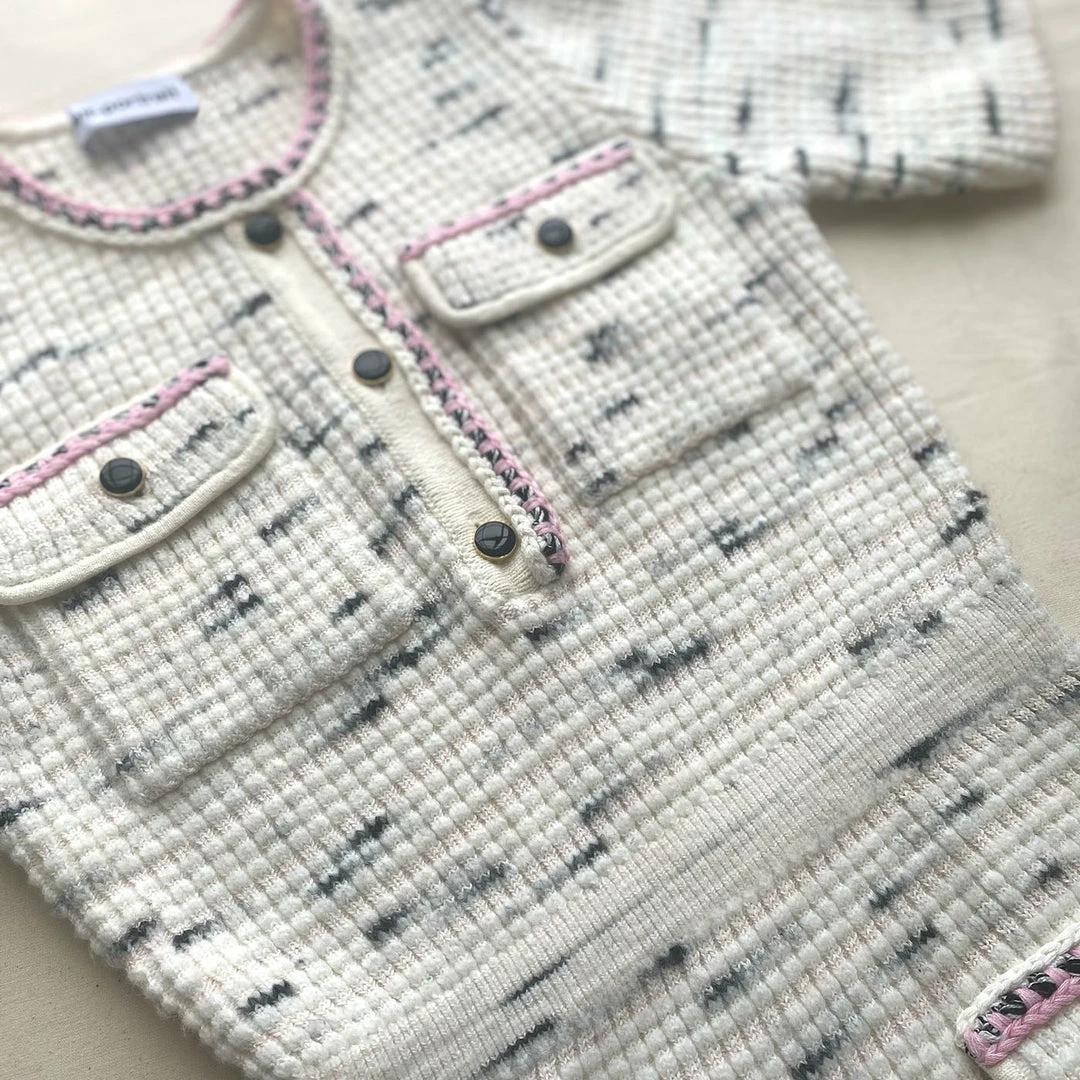 Self-portrait Ivory Tape Yarn Stripe Knit Dress READY TO WEAR