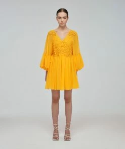 Self-portrait Canary Yellow Macrame Lace Georgette Mini Dress