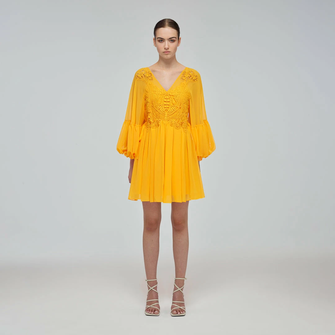 Self-portrait Canary Yellow Macrame Lace Georgette Mini Dress