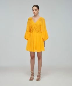 Self-portrait Canary Yellow Macrame Lace Georgette Mini Dress