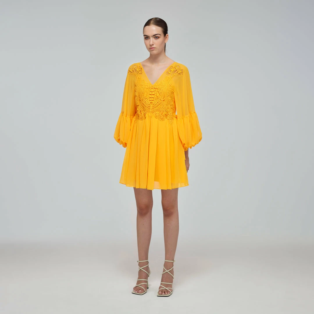 Self-portrait Canary Yellow Macrame Lace Georgette Mini Dress