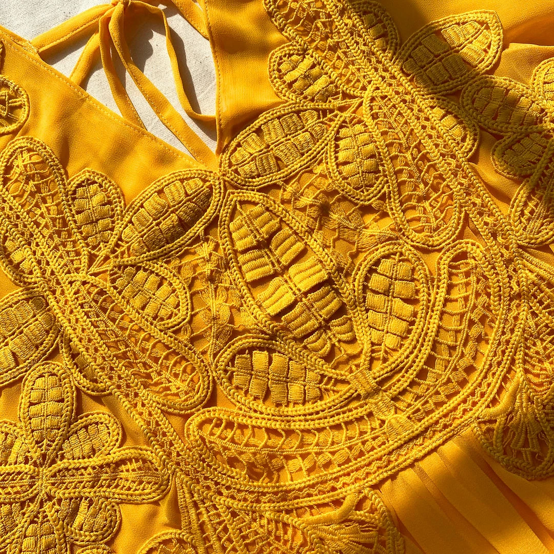 Self-portrait Canary Yellow Macrame Lace Georgette Mini Dress