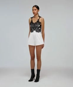 Self-portrait Monochrome Macrame Lace Canvas Playsuit