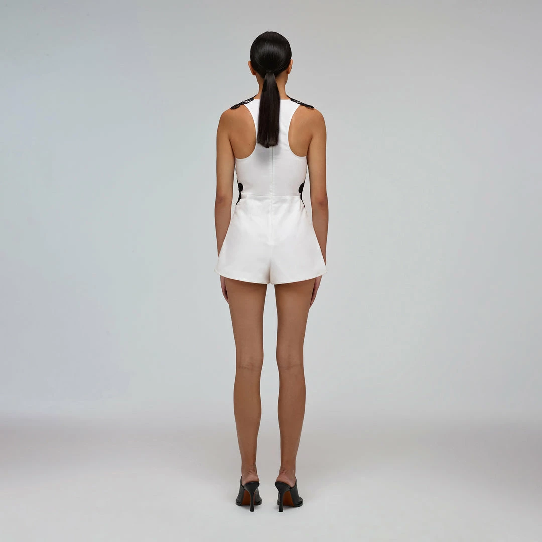 Self-portrait Monochrome Macrame Lace Canvas Playsuit