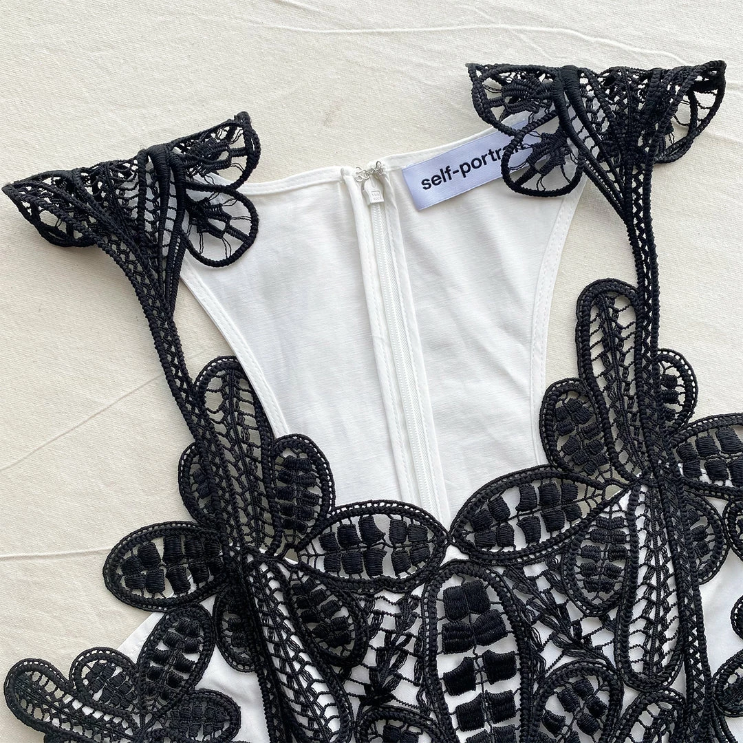 Self-portrait Monochrome Macrame Lace Canvas Playsuit