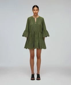 Self-portrait Khaki Broderie Organic Cotton Mini Dress