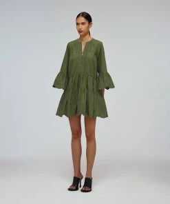 Self-portrait Khaki Broderie Organic Cotton Mini Dress