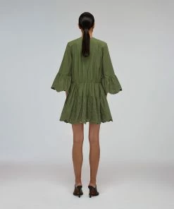 Self-portrait Khaki Broderie Organic Cotton Mini Dress