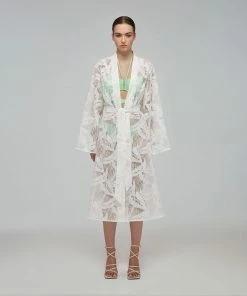 Self-portrait White Tropical Leaf Embroidered Kaftan Swim & Resort