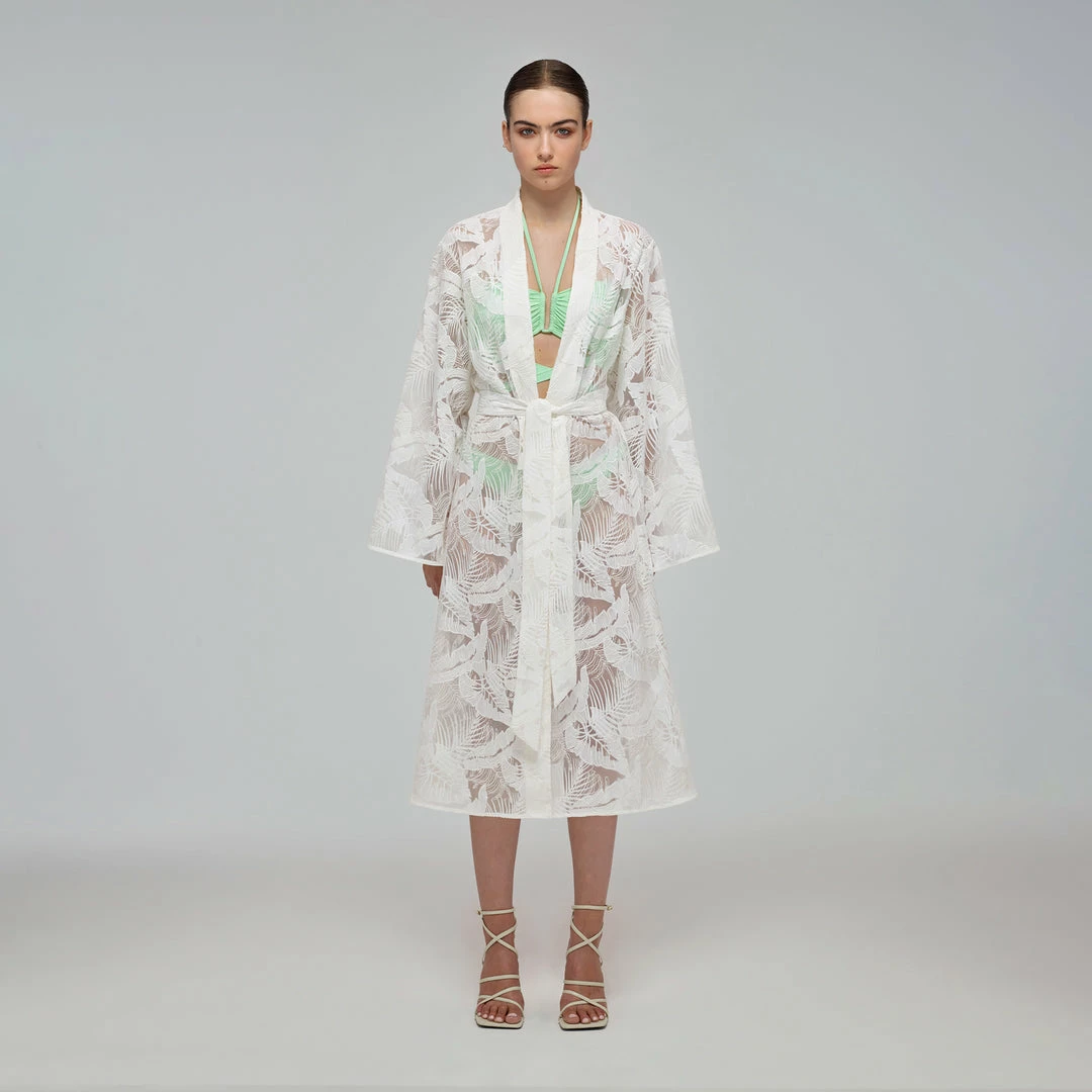 Self-portrait White Tropical Leaf Embroidered Kaftan Swim & Resort