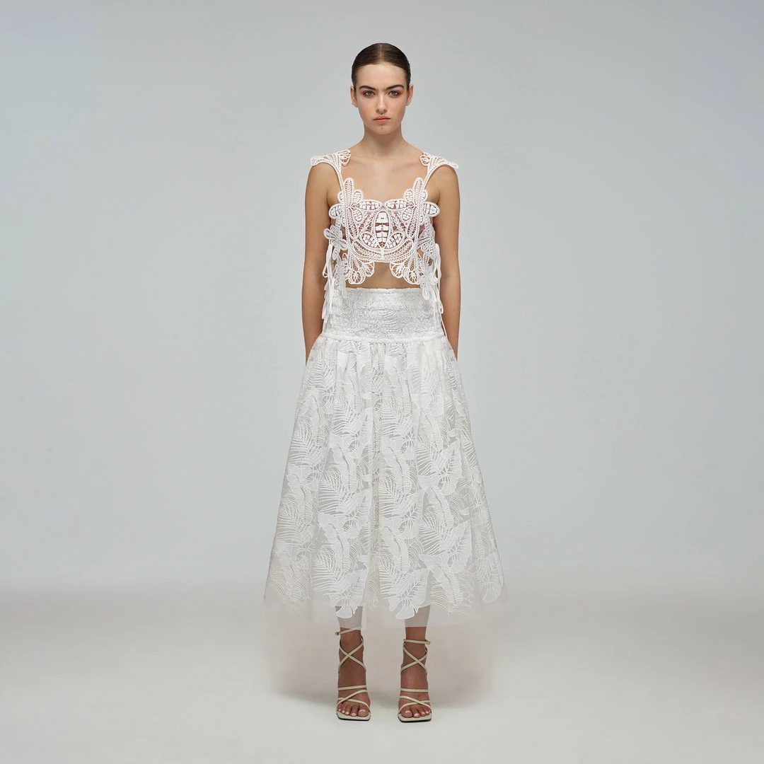 Self-portrait White Tropical Leaf Embroidered Midi Skirt Swim & Resort