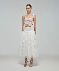 Self-portrait White Tropical Leaf Embroidered Midi Skirt Swim & Resort