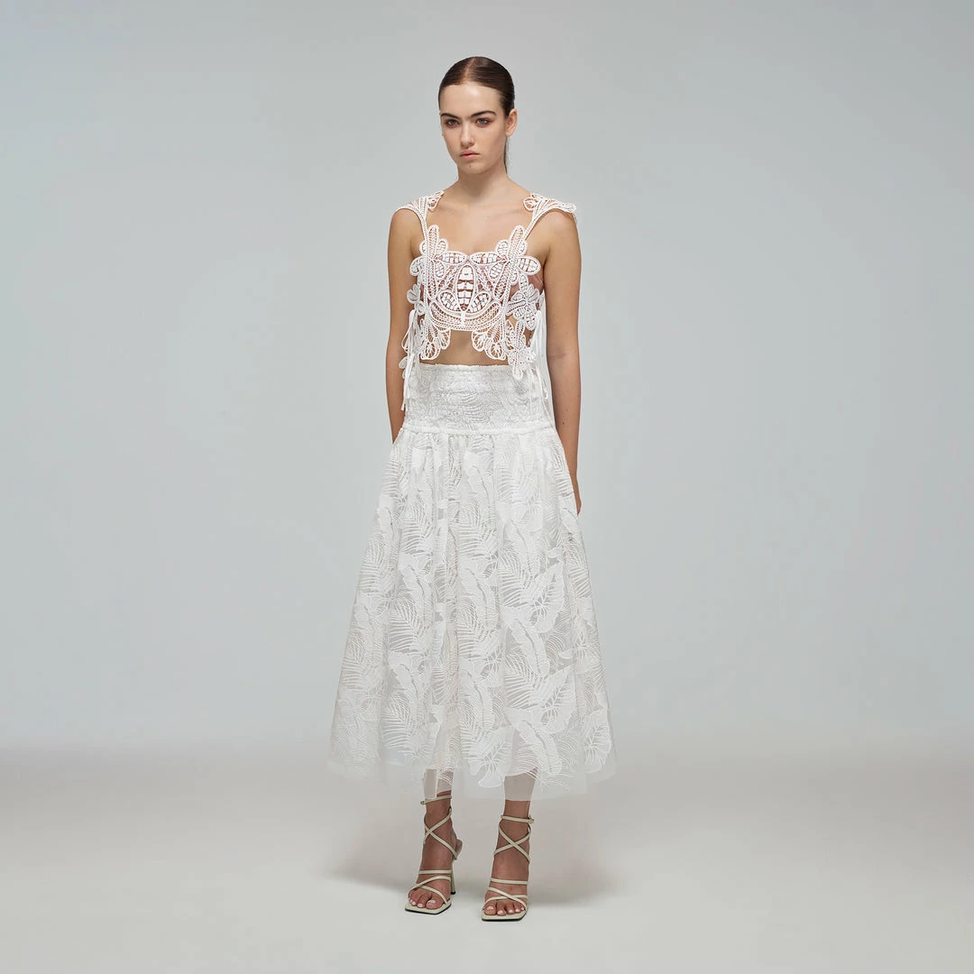 Self-portrait White Tropical Leaf Embroidered Midi Skirt Swim & Resort