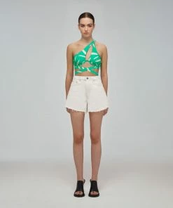 Self-portrait Mint Brushstroke One Shoulder Bikini Top