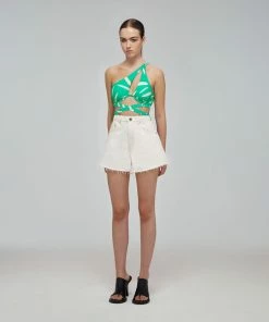 Self-portrait Mint Brushstroke One Shoulder Bikini Top