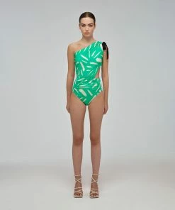 Self-portrait Mint Brushstroke One Shoulder Swimsuit Swim & Resort