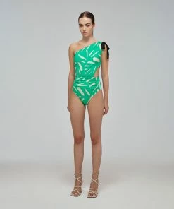 Self-portrait Mint Brushstroke One Shoulder Swimsuit Swim & Resort